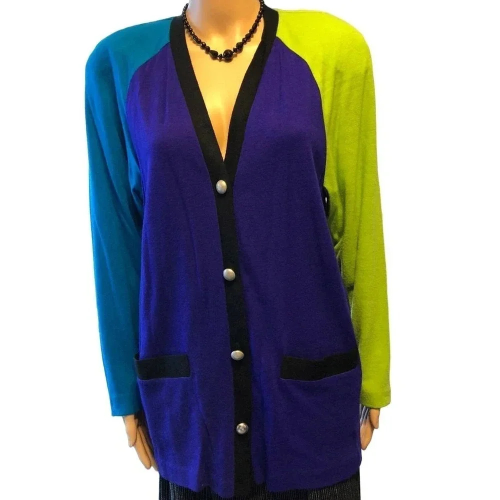VTG 90s Leslie Fay Boho Orlon Wool Blended Women Sweater Cardigan Sz 6P Pockets